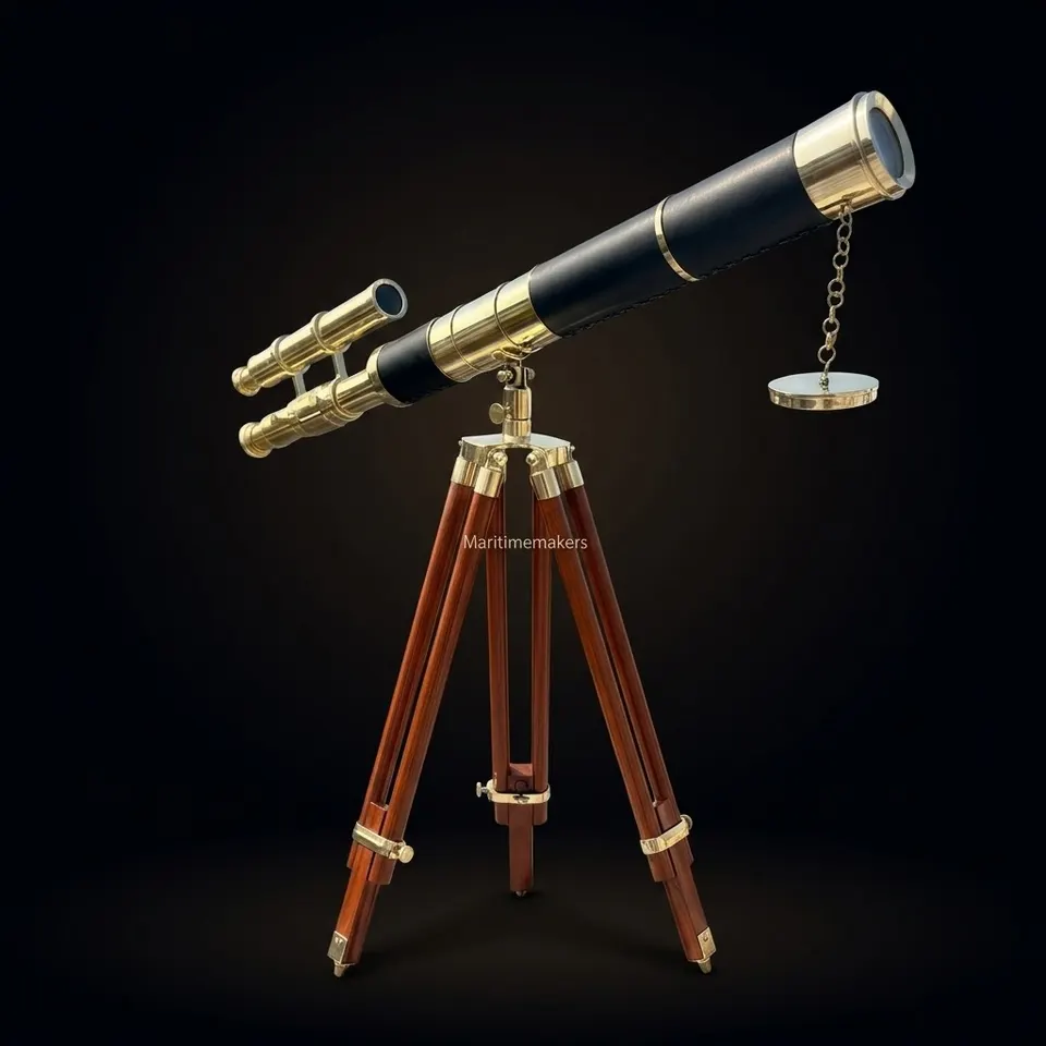 Double Barrel Brass & Wood Floor Standing Telescope 50" with Rosewood Tripod Stand