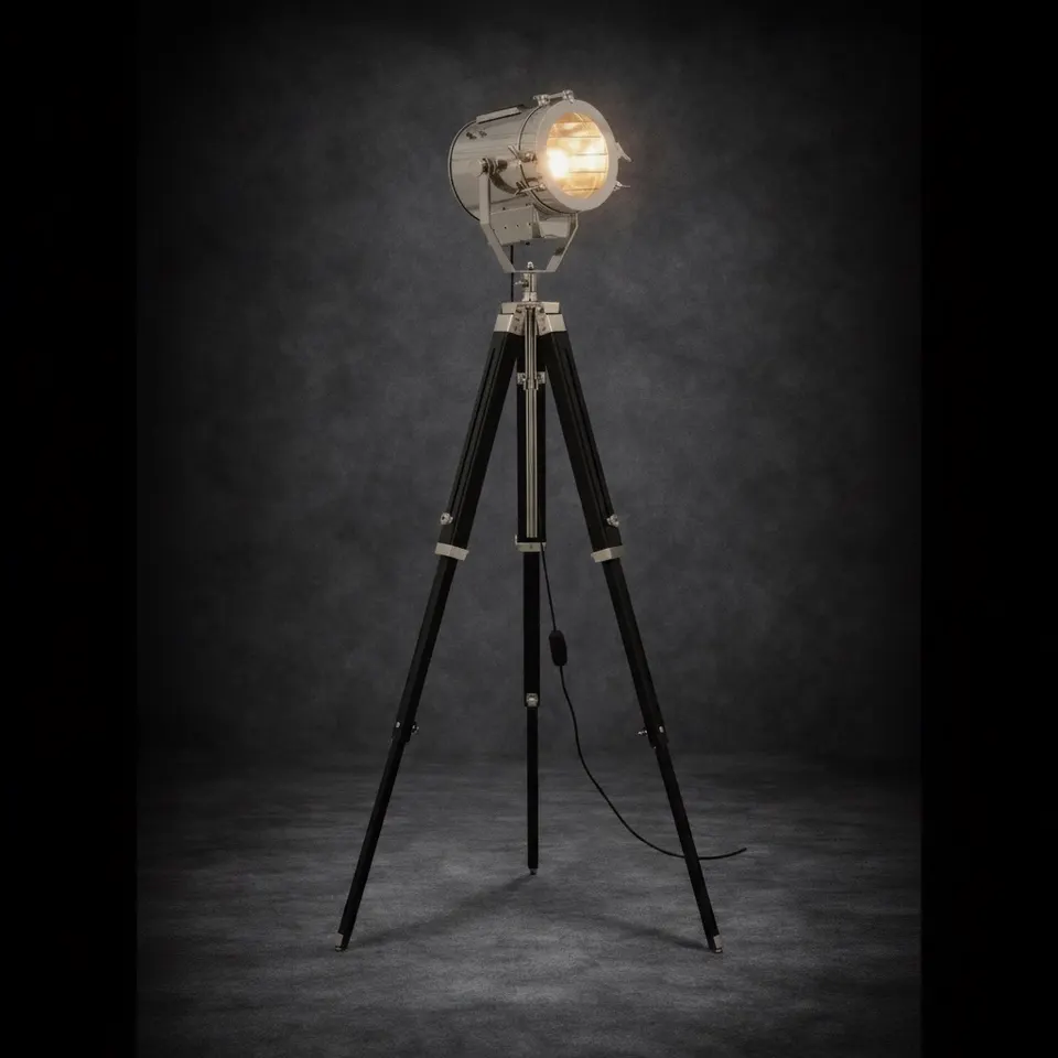 Chrome Spotlight on Black Wooden Tripod