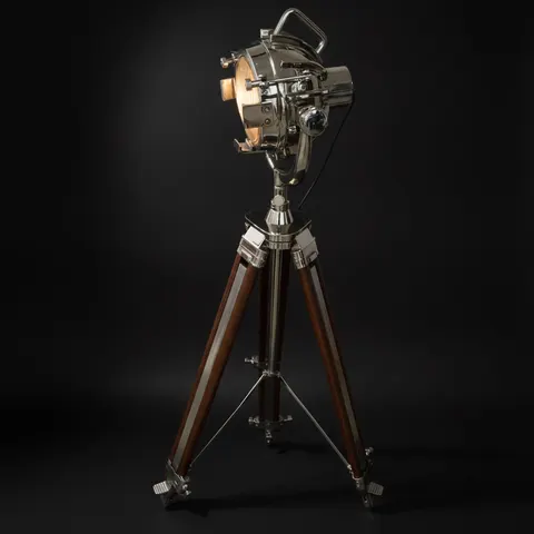 Chrome Spotlight on Wooden Tripod view 1