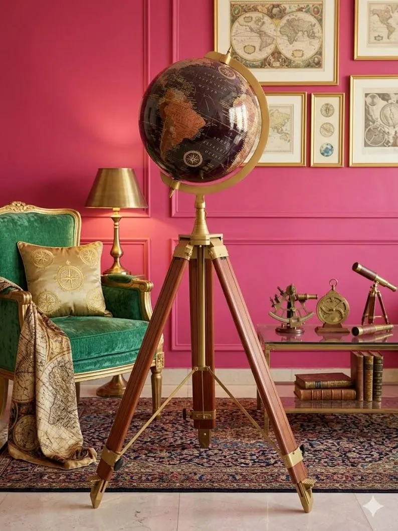 Large Dark Globe on Wooden Tripod Stand with Brass Ring