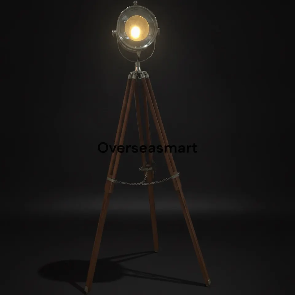 Chrome Spotlight on Wooden Tripod