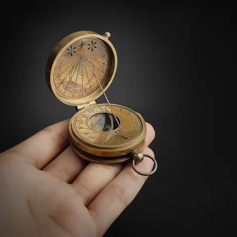 Antique Brass Sundial Compass with Leather Case view 1