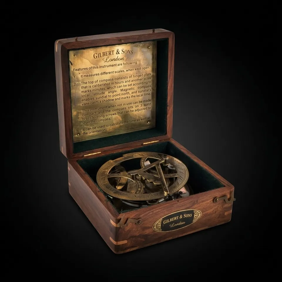 Antique Brass Sundial Compass with Rosewood Presentation Box