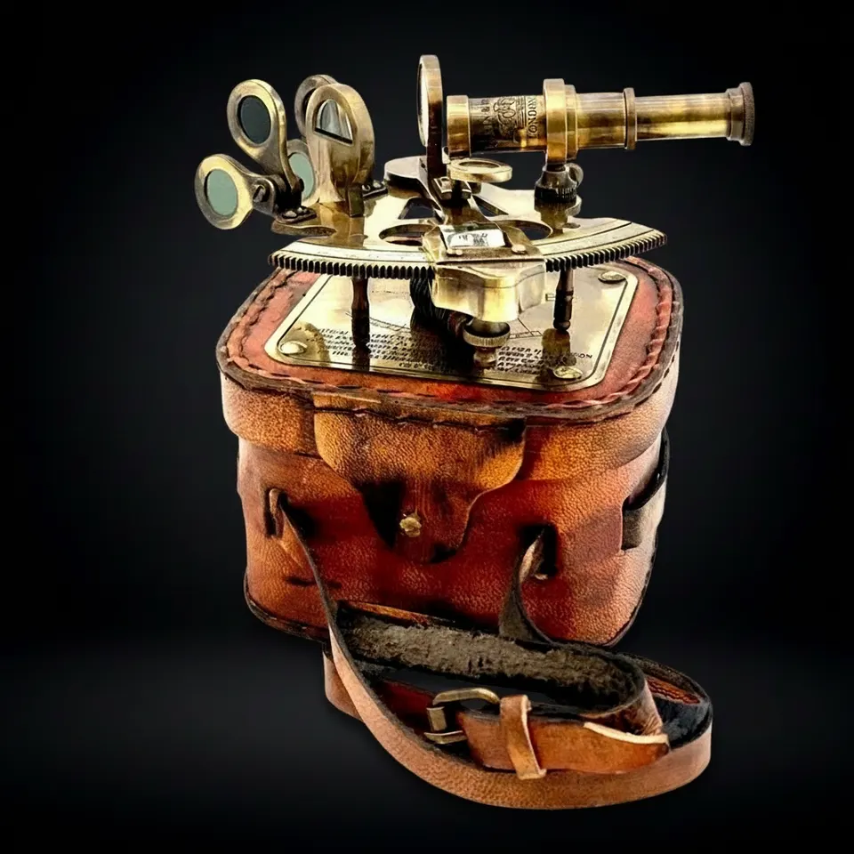 Antique Brass Sextant with Red Leather Belt Case