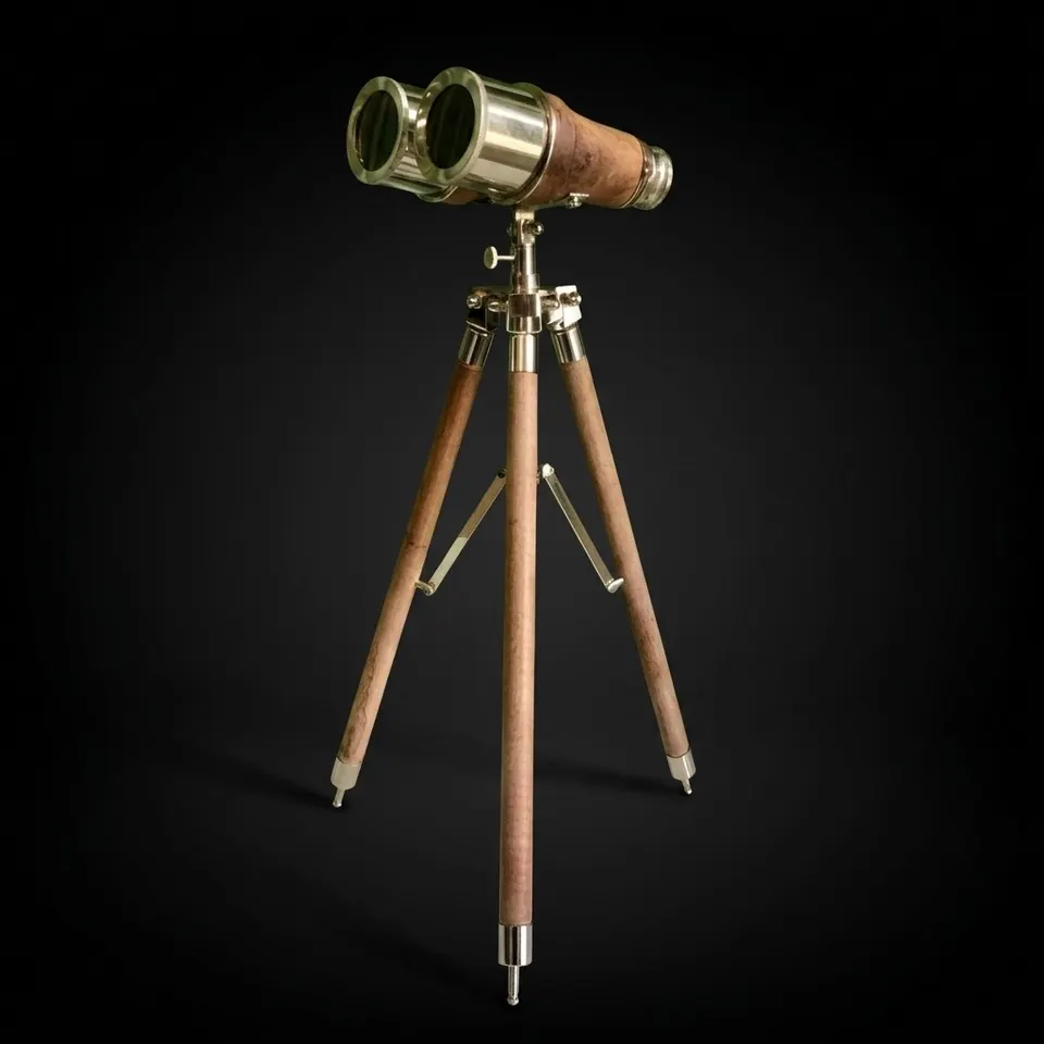 Brass Binocular with Brown Leather Wrap and Matching Tripod Stand view 1