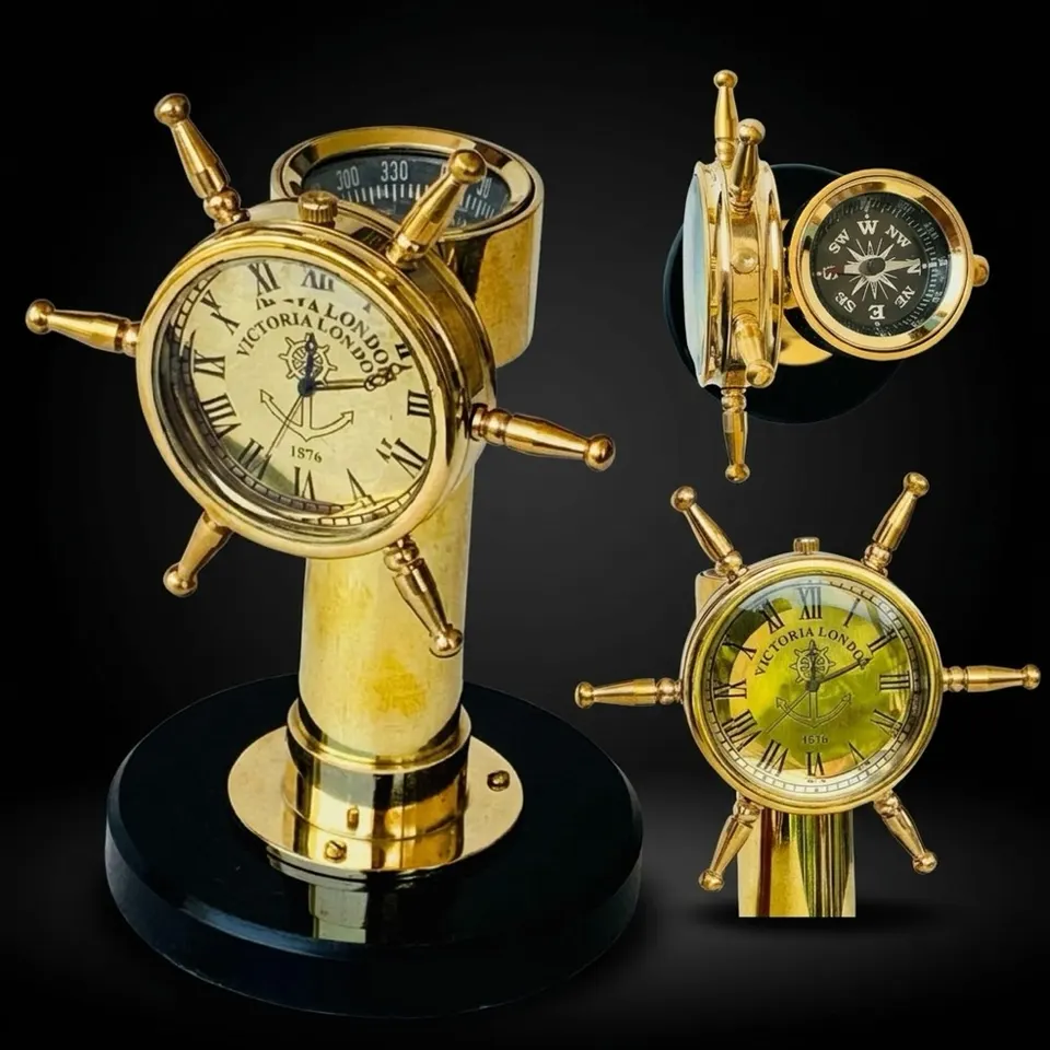 Ship Wheel Brass Desk Clock with Compass