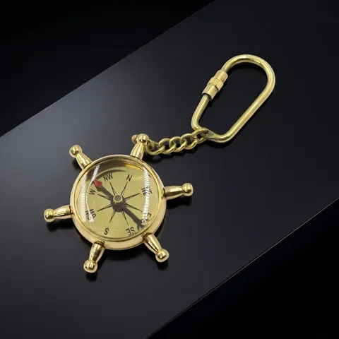 Brass Ship Wheel and Compass Keychain view 1