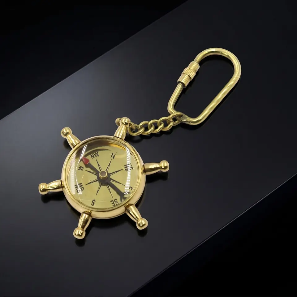 Brass Ship Wheel and Compass Keychain view 1
