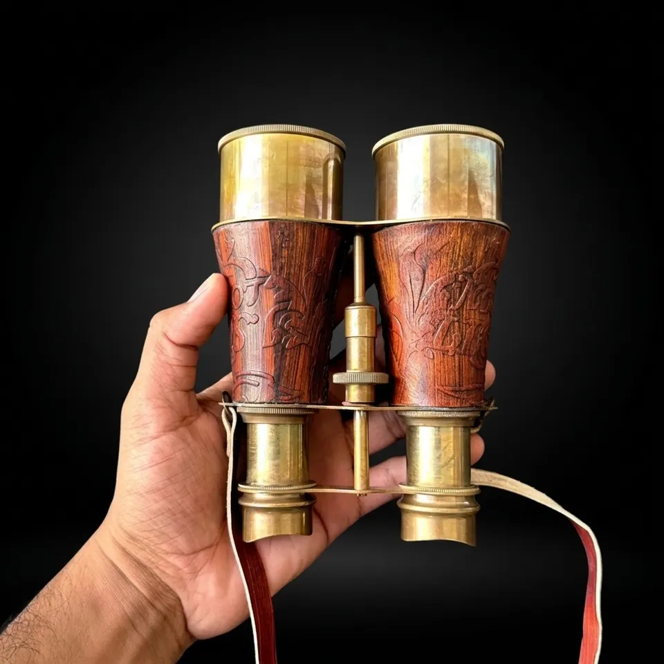 Antique Brass Binocular with Red Engraved Leather Wrap and Case view 1
