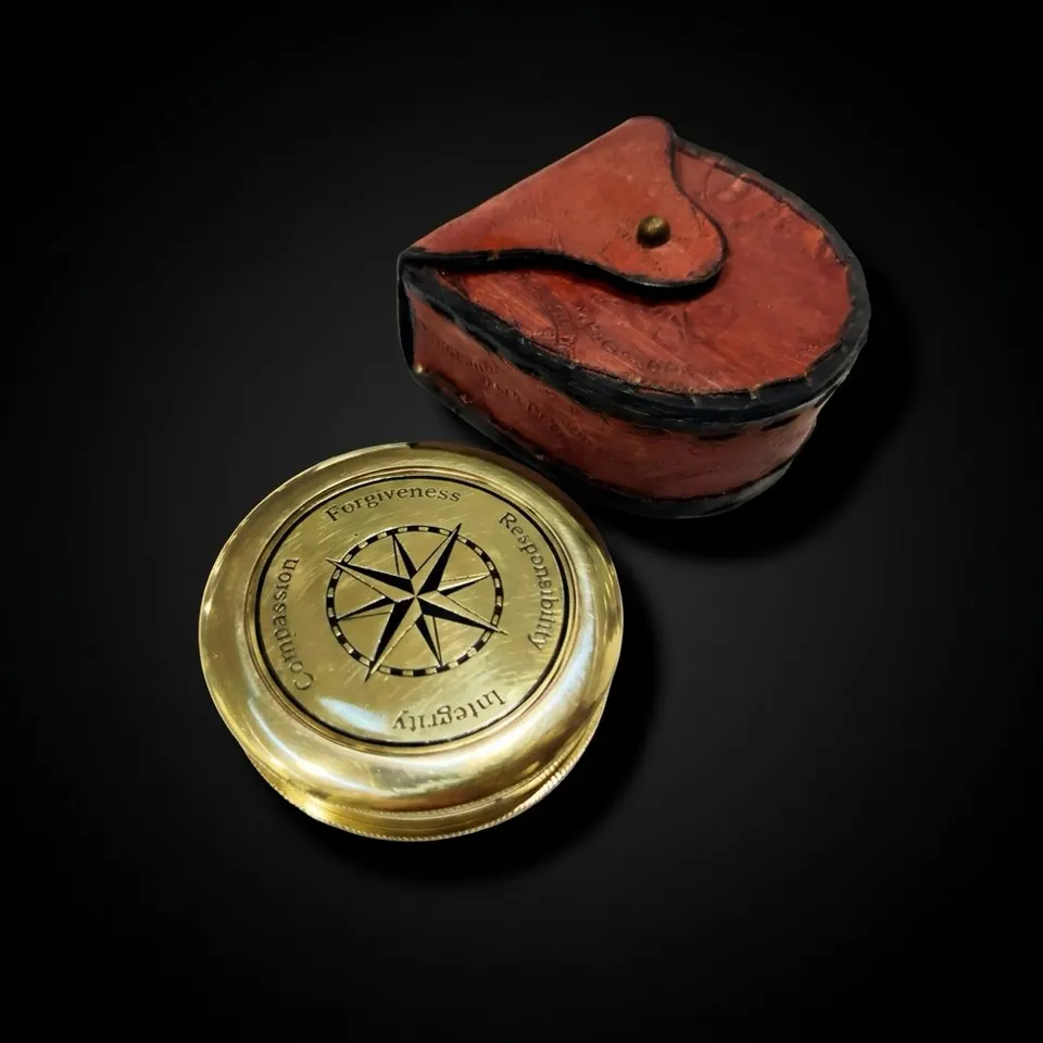 Robert Frost Quote Compass, Leather Case