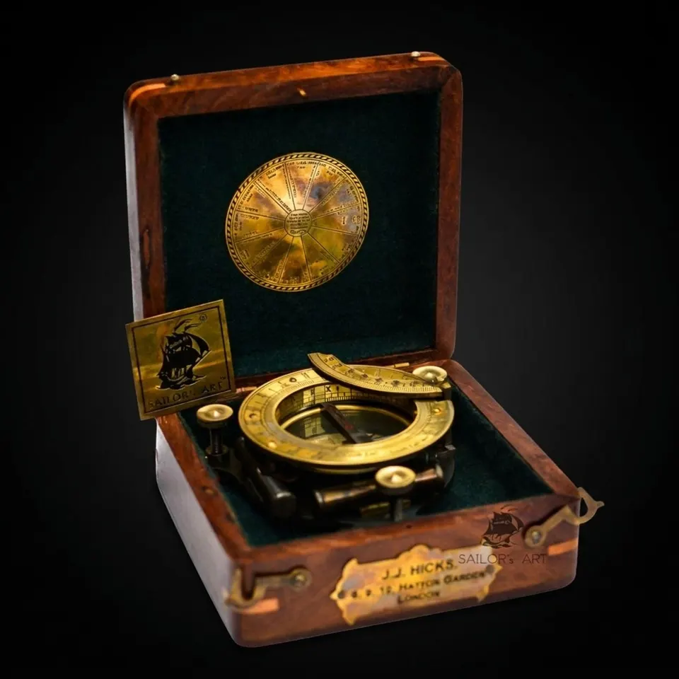 Antique Brass Sundial Compass with Velvet-Lined Wooden Presentation Box