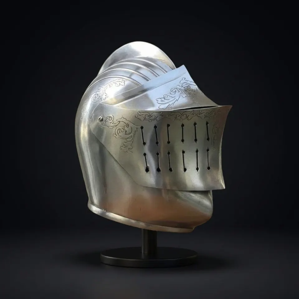 Medieval Close Helmet — Engraved Knight Steel Visor