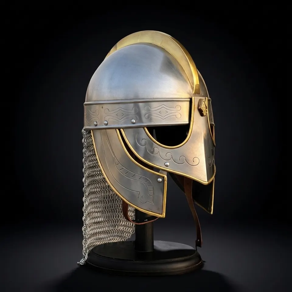 Medieval Knight Helmet with Chainmail — Brass Trim