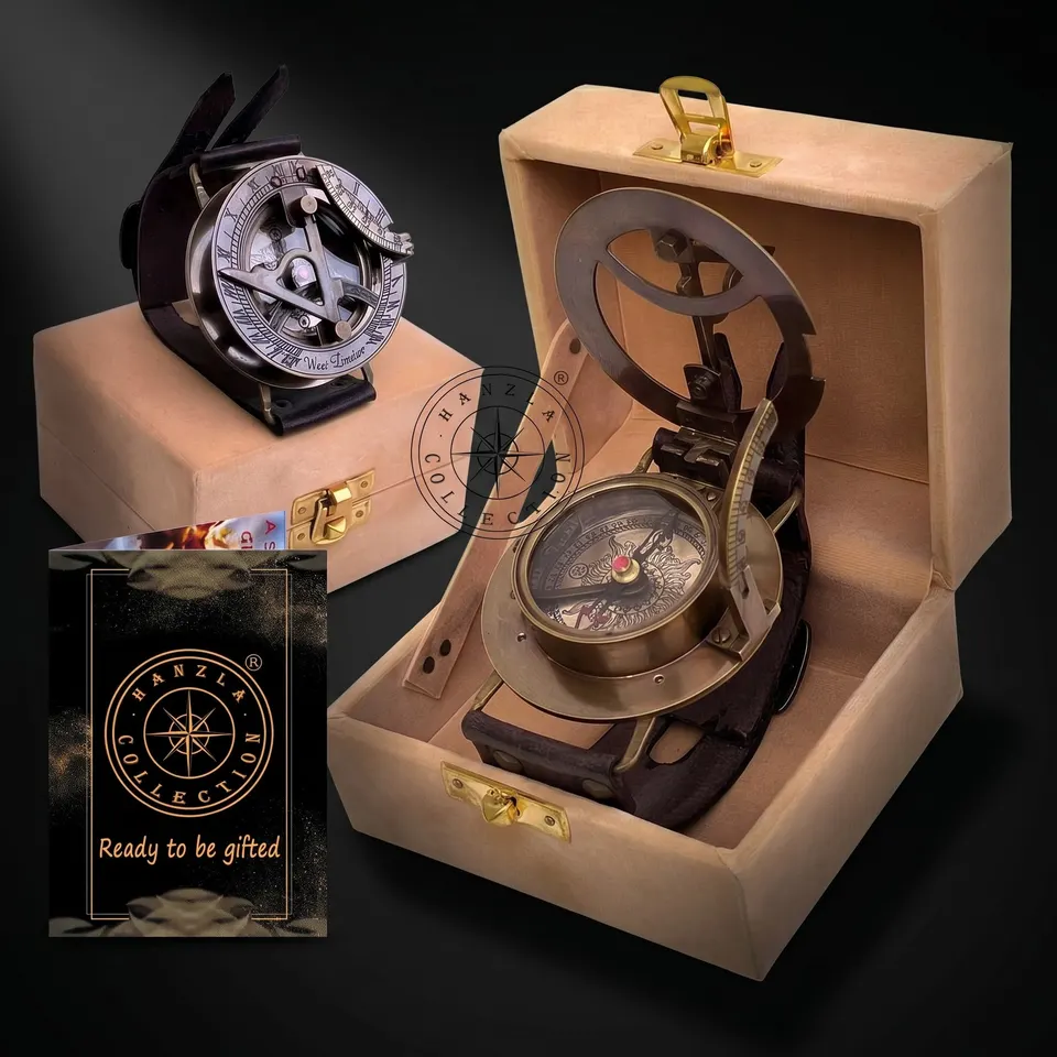 Brass Wrist Sundial Compass with Leather Strap