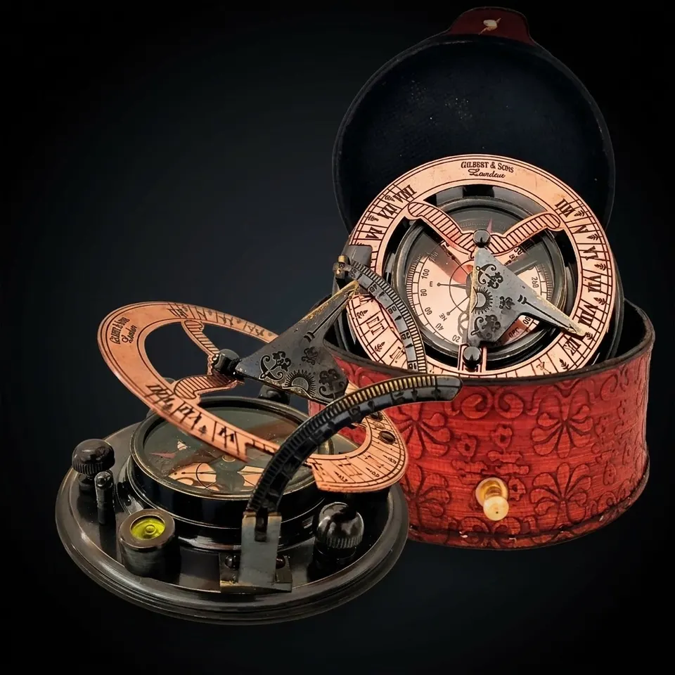 Black Antique Brass Sundial Compass with Red Leather Case view 1