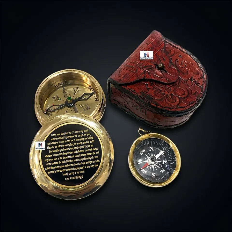 Polished Brass Compass, Leather Case