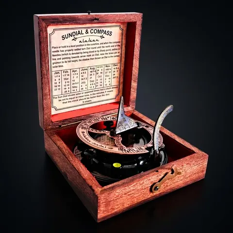 Antique Brass Sundial Compass with Wooden Box view 1