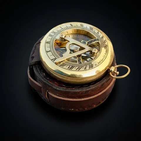 Antique Brass Sundial Compass with Leather Case view 1