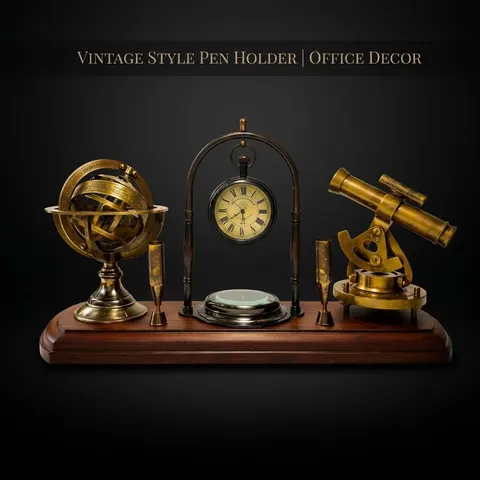 Brass Clock, Armillary Sphere and Alidade Desk Set view 1
