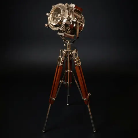 Chrome Spotlight on Wooden Tripod view 1