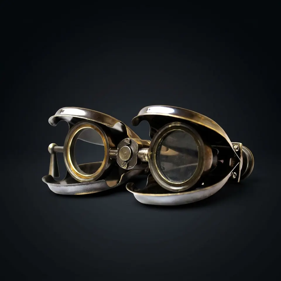 Folding Brass Binocular with Cream Leather Case