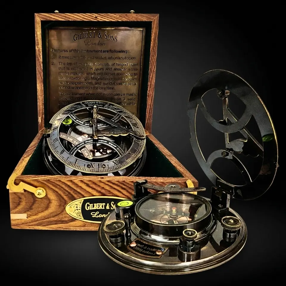 Black Antique Brass Sundial Compass with Rosewood Presentation Box