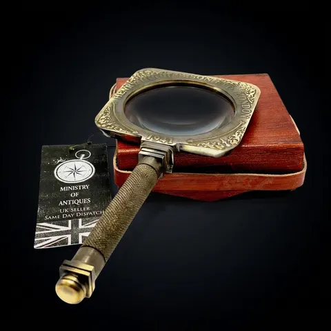 Foldable All-Brass Square Lens Magnifier 2.75" with Red Leather Sling Case view 1