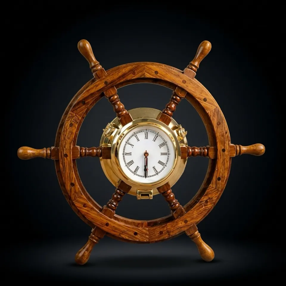 Rosewood Ship Wheel Clock Beveled Glass Porthole