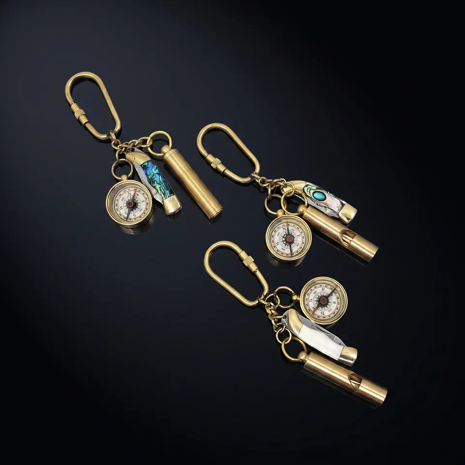 Brass Compass, Whistle and Hourglass Keychain Set