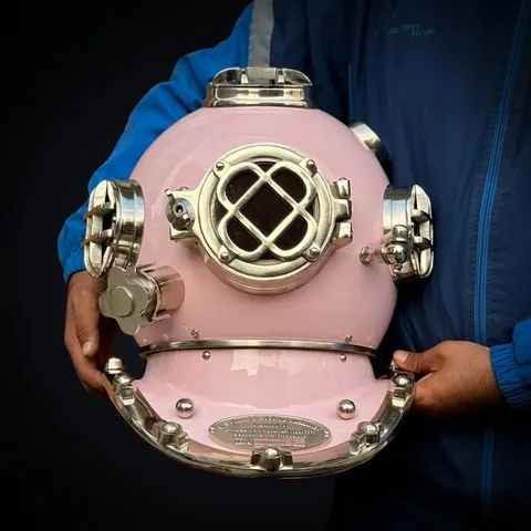 Deep Sea Diving Helmet with Baby Pink Finish and Black Wooden Base view 1