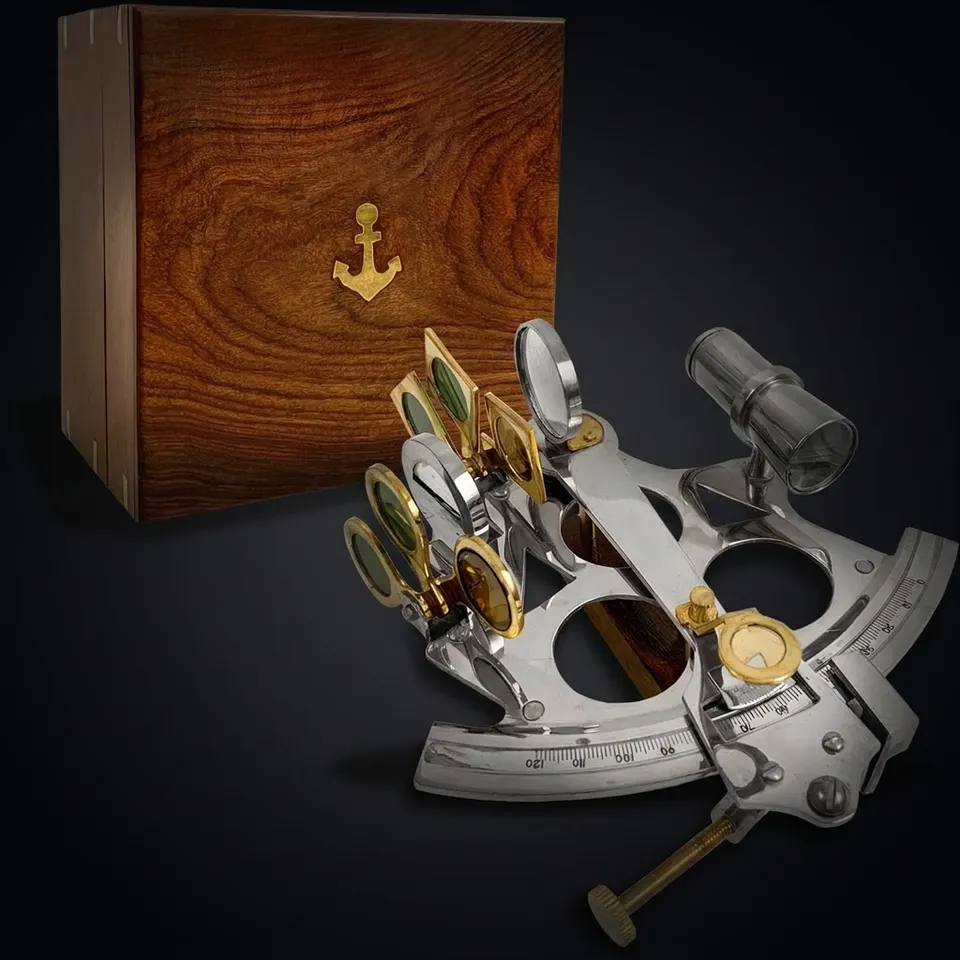 Nickel Plated Brass Sextant with Rosewood Box