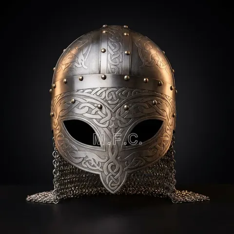 Viking Engraved Helmet with Chainmail Aventail — Norse view 1