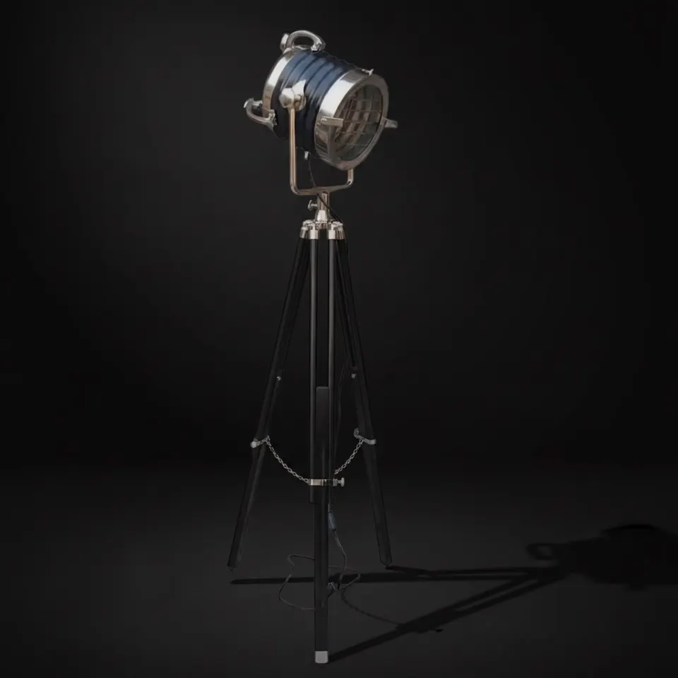Chrome Spotlight on Black Wooden Tripod