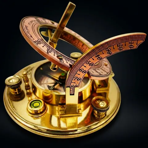 Polished Brass Sundial Compass with Red Leather Round Case view 1