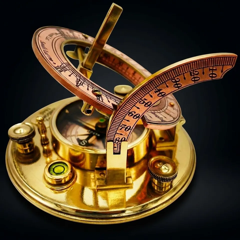 Polished Brass Sundial Compass with Red Leather Round Case